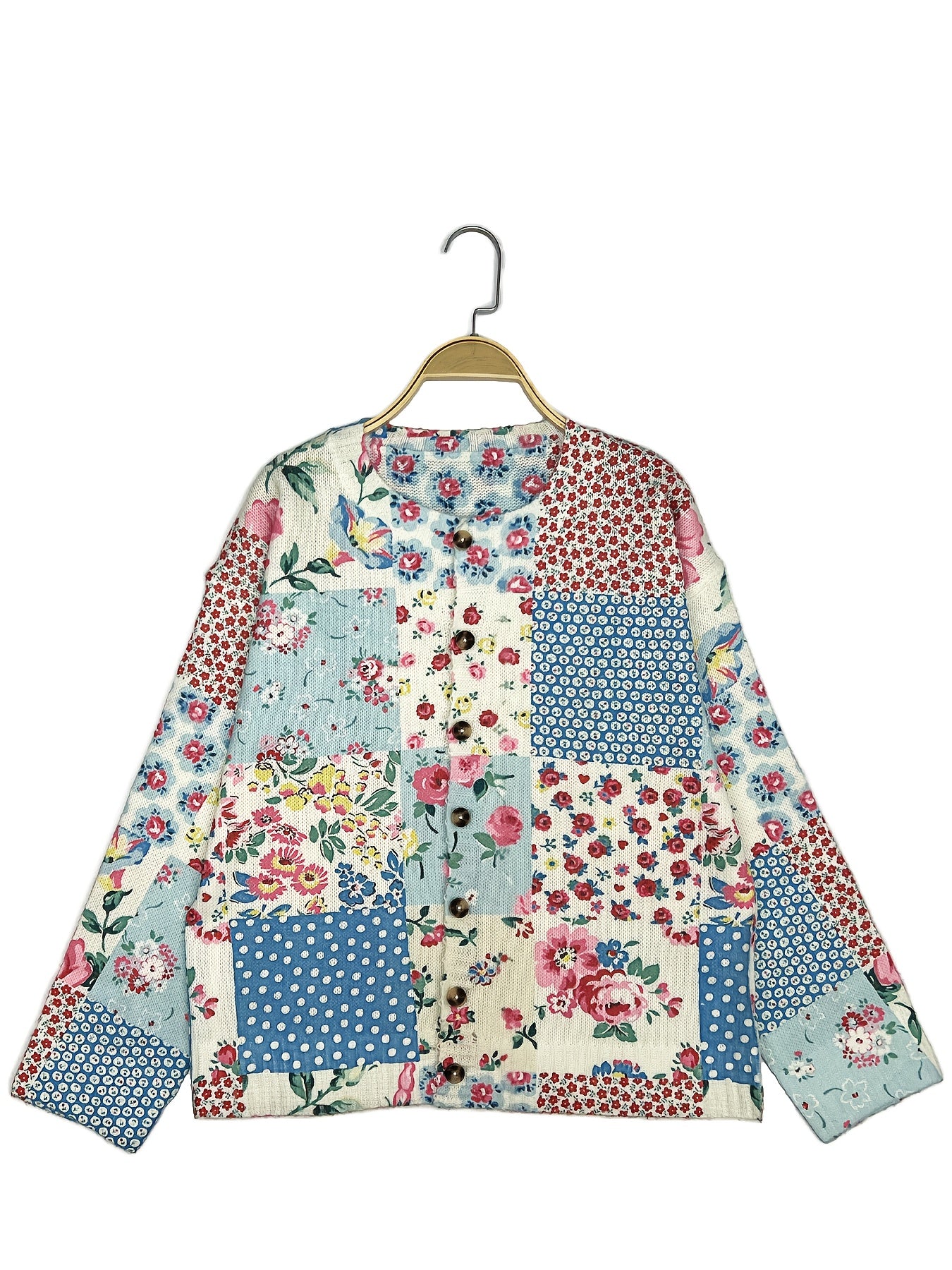 [Plus Size Floral Cardigan] Plus Size Women's Lightweight Floral Print Cardigan | Open Front Sweater with Button Closure, Round Neck Long Sleeve Casual Resort Wear, Non-Stretch Fabric, Hand Wash Only, Autumn Layering Piece