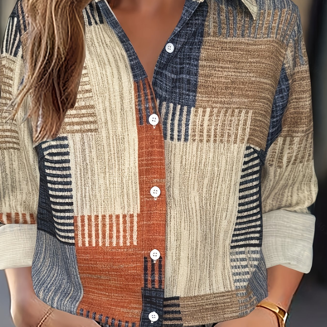 [Retro Shirt] Retro Geometric Print Long Sleeve Shirt | Women's Casual Button-Up Collared Top with Multi-Color Patchwork Design, Machine Washable Non-Stretch Fabric for Spring Summer Fall, Seasonal Fashion, Easy Care Clothing