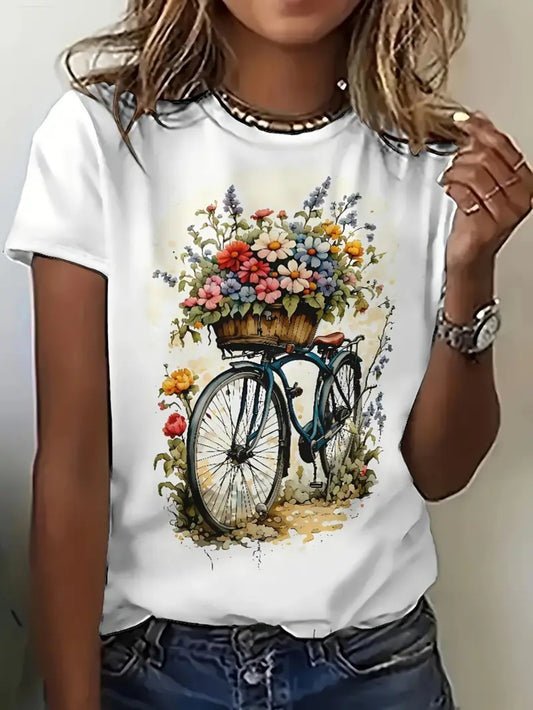 Women's White Cotton T-Shirt with Floral Bicycle Graphic Print