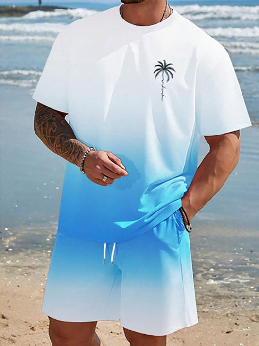 [Summer T-Shirt] Quick-Dry Breathable Men's Summer Short-Sleeve Crewneck T-Shirt | Dual-Tone Gradient Coconut Tree Print, 100% Polyester, Regular Fit Casual Tee for Teens & Adults, Home & Outdoor Activities