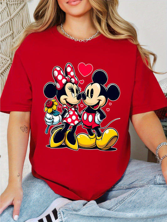[Mickey Mouse Cotton Tee] Cotton Mickey & Minnie Mouse Graphic T-Shirt | Men's & Women's Vibrant Red Short Sleeve Round Neck Casual Summer Tee, Comfort Fit Machine Washable