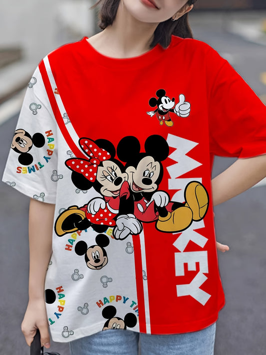 Disney Mickey 3D Printed Large Size T-shirt, Mickey 3D Red And White Stitching Printed Short Sleeves, Disney Mickey Mouse Large Size Women'S Clothing