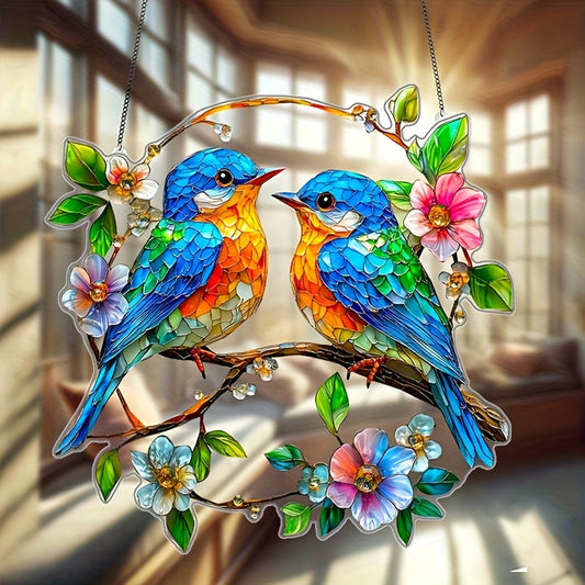 2D Flat 1pc Acrylic Blue Birds Garden Suncatchers 8x8 Window Hanging Gifts for Bird Lovers Home Decor
