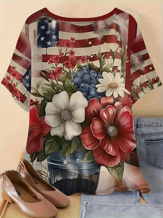 Women'S Plus-Size Floral T-Shirt, Casual Crew Neck, Short Sleeve, 3D American Flag Print, Summer Knit Polyester Top with Slight Stretch, 95% Polyester 5% Spandex, 180g/m² - Outdoor Clothing