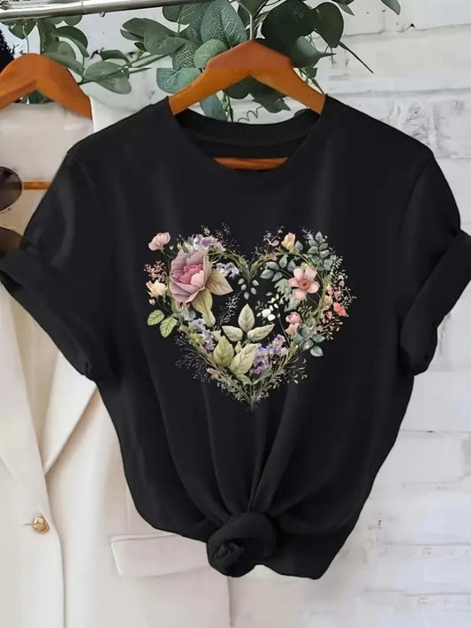 Fashionable Letter Cartoon Print Women'S Round Neck T-Shirt, Simple Design, Comfortable And Breathable, Suitable for Daily Leisure And Versatile, Showing a Natural And Elegant Style, a Must-Have for Summer Parties, Local Deli