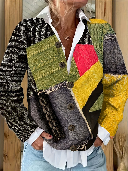 Plus Size, Plus Size Women's Lightweight 280gsm Polyester Cardigan - Casual Long Sleeve Open Front with All-Over Geometric Print, Button Front Placket & Regular Fit for Spring/Fall Layering, Hand Wash Only, Layering Piece, Sp