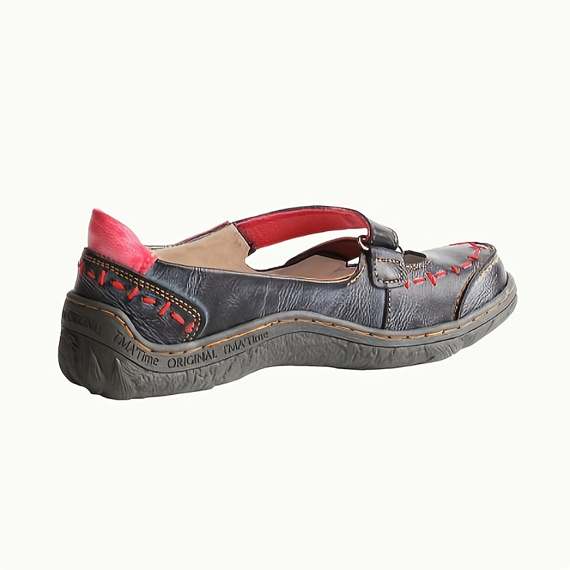 [Soft Leather Sandals] TMA EYES Soft Leather Women's Casual Slip-On Flat Sandals | Blue & Yellow Cross Design, Comfortable Low-Top, Padded Insole, Flat Heel, Summer Footwear