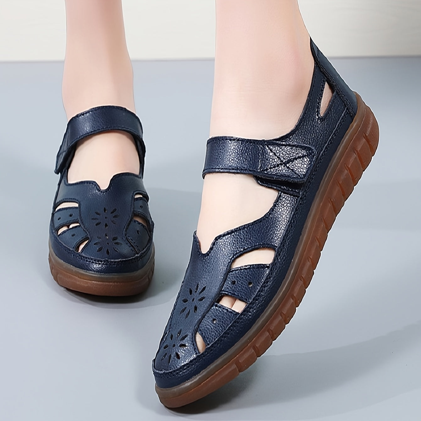 Women's Genuine Leather Mary Jane Flat Sandals - Adjustable Straps, Breathable Summer Casual Shoes with Rubber Sole, Round Toe & Solid Color Design, Everyday Comfort Footwear, Classic Bucket Style, Durable Traction Footwear