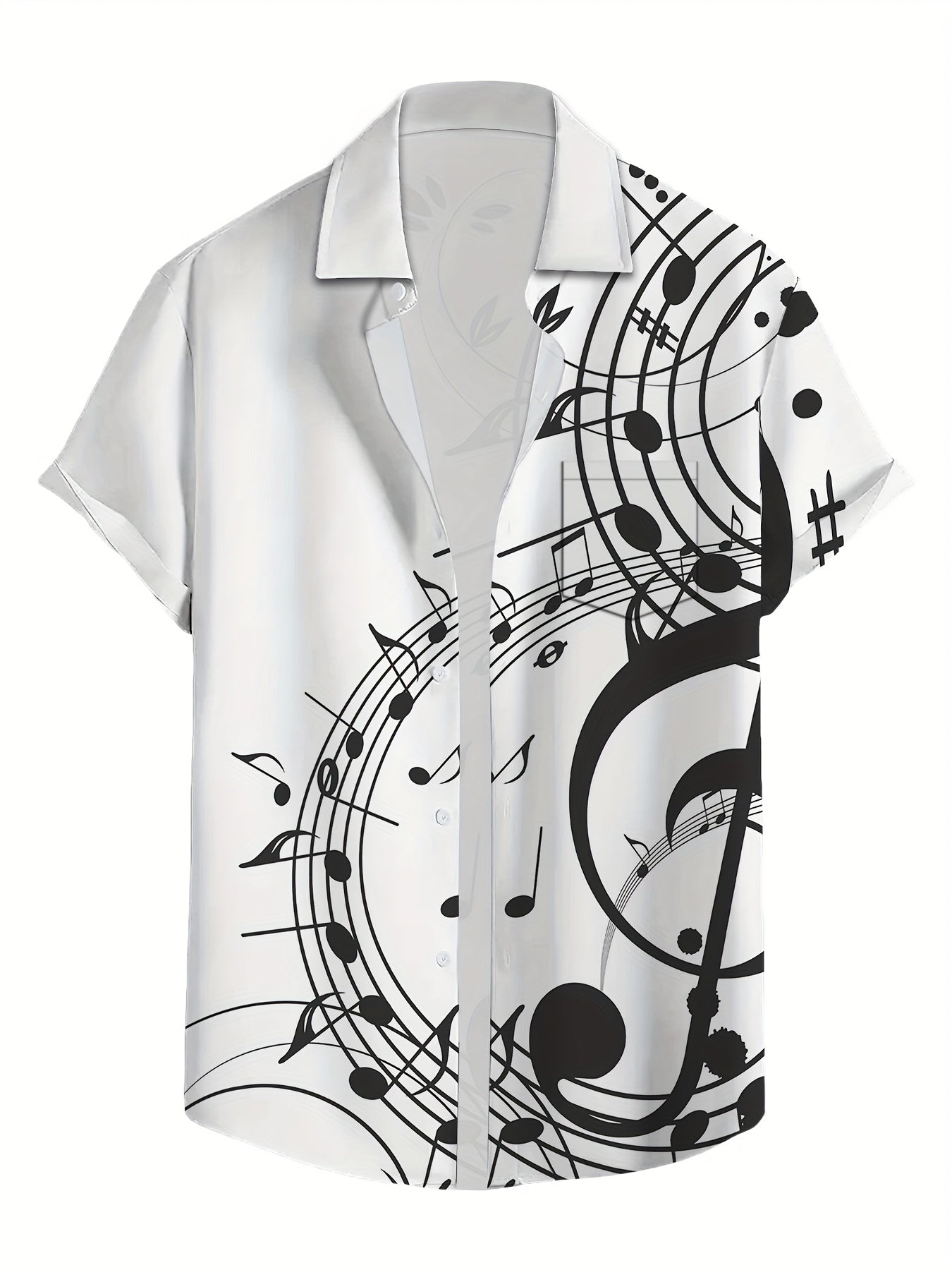 Men's Vintage Music Note Print Short-Sleeve Shirt with Chest Pocket - Lightweight Polyester, Non-Stretch, Machine Washable - Ideal for Summer Casual Outings, Beachwear Shirt | Buttonup Shirt | Lightweight Shirt