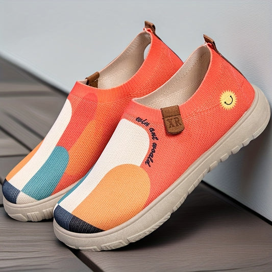 New Spring And Autumn Canvas Shoes, Casual Knitted Sports Painted Flats, Breathable Soft Sole Stylish Slip-On Women'S Shoes.