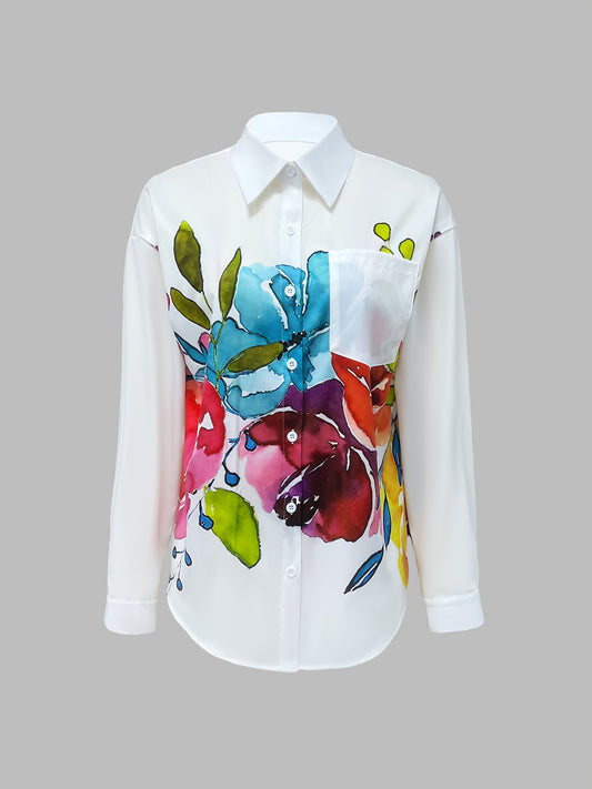 Women's Vibrant Floral Print Button-Up Shirt - Casual Long Sleeve with Turn- Collar, Machine Washable, All-Season Elegance, White Base with Colorful Flower Design, Casual Wear | Loose Fit Blouse | Nonelastic Fabric