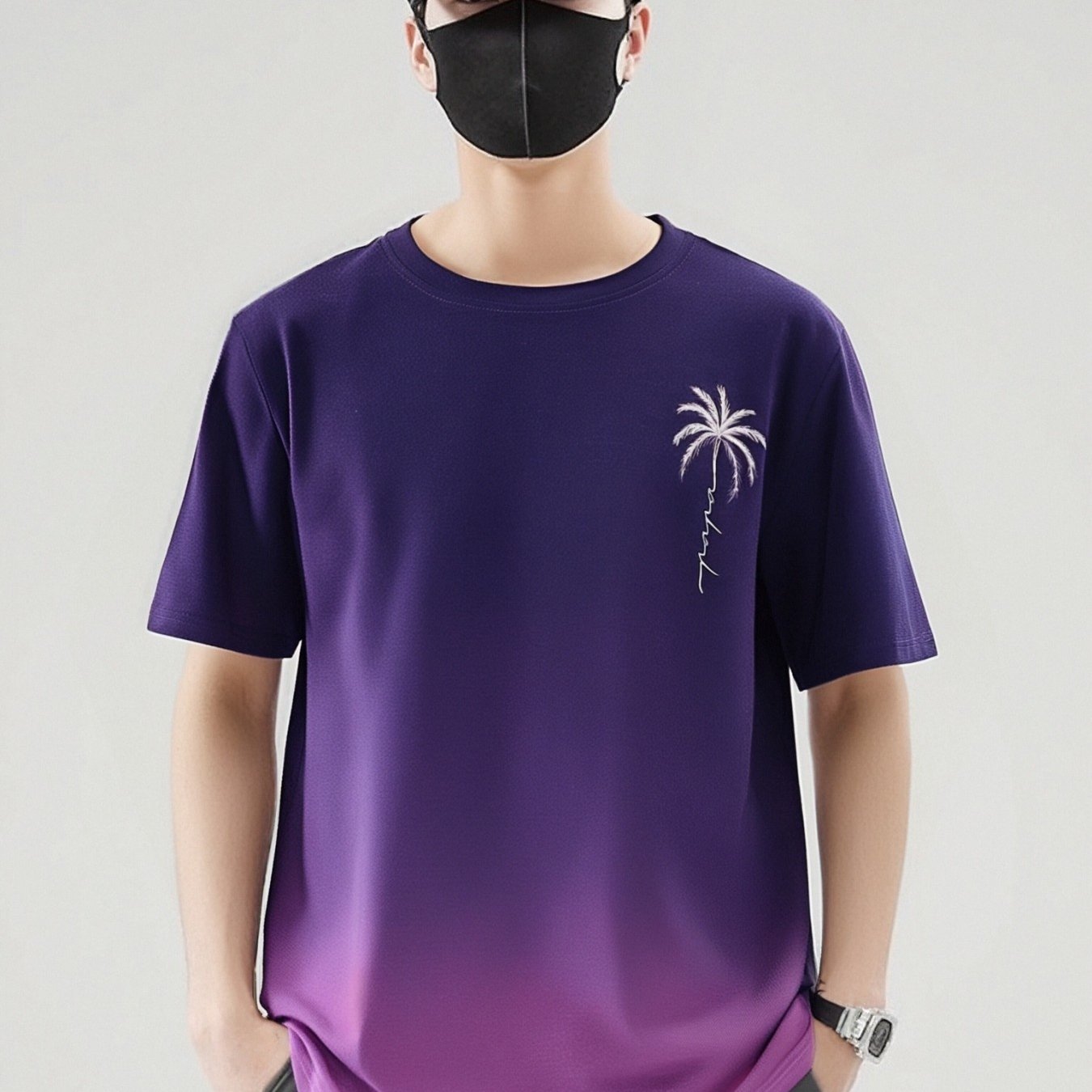 [Summer T-Shirt] Quick-Dry Breathable Men's Summer Short-Sleeve Crewneck T-Shirt | Dual-Tone Gradient Coconut Tree Print, 100% Polyester, Regular Fit Casual Tee for Teens & Adults, Home & Outdoor Activities