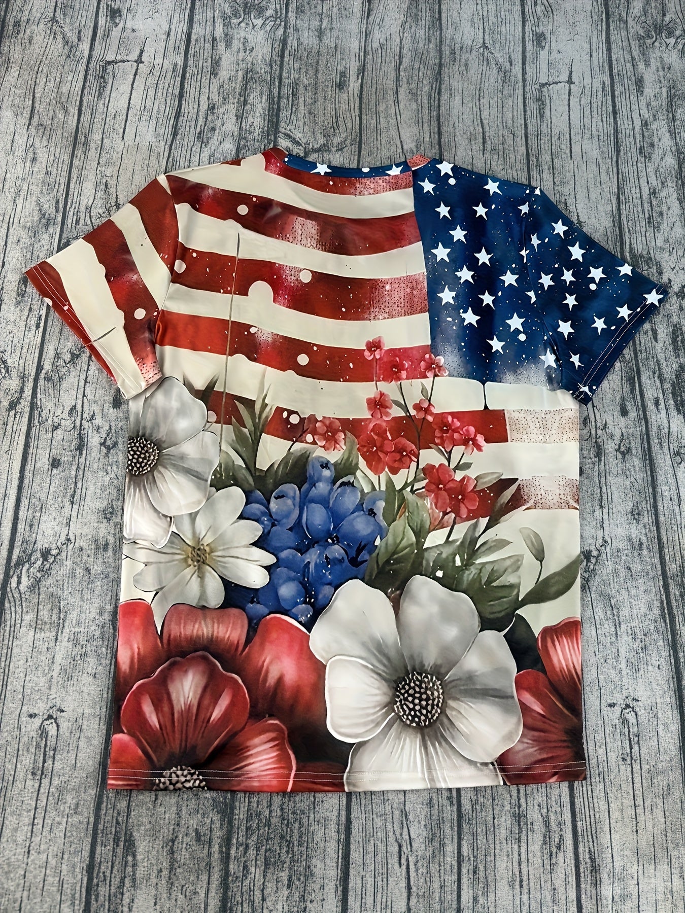 Plus Size, Women's Patriotic Floral T-Shirt - American Flag Stars & Stripes with Red/Blue Floral Accents - Crew Neck Casual Top - Stretchy Polyester/Elastane Blend - Lightweight Non-Transparent Shirt for Independence Day, Eve