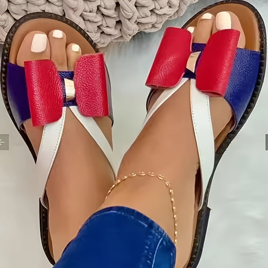 2025 Summer Women's Casual Flat Sandals with Red Bow Detail Open Back Strap Soft Sole Beach Slippers Comfortable Outdoor Daily Wear Cute Style