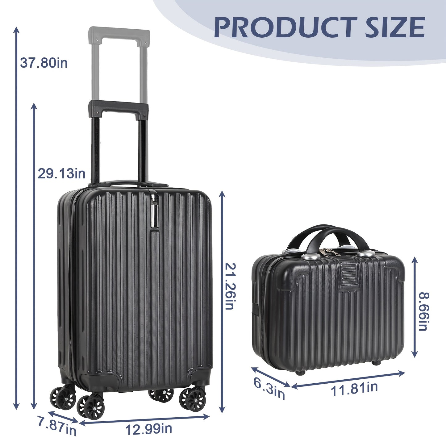 Two Sets Of Luggage, Including A 20-inch Carry-on Bag And A 14-inch Makeup Bag, Feature A Hard-shell Design With Hooks, TSA Locks And Swivel Wheels. They Come In Four Colors: Rose Golden, Silvery, Dark Blue And Black.