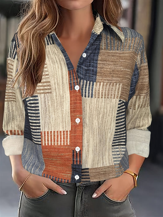 Women's Elegant Vintage Long Sleeve Shirt - Color-Block Button Front Plaid Print, Open Collar Blouse, Machine Washable Lightweight Top for Spring Summer Fall Casual & Dressy Outfits, Seasonal Fashion, Soft Fabric Apparel