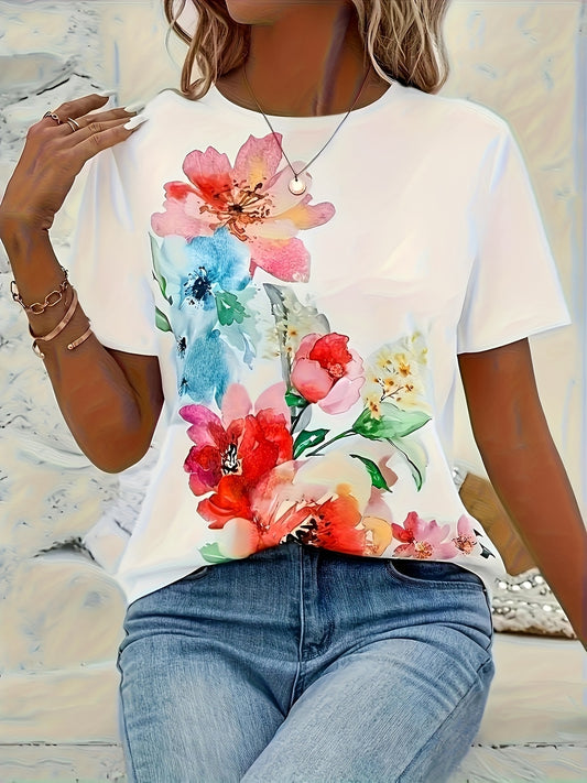 Plus-Size Women's 3D Floral Print T-Shirt - Vibrant All-Over Floral Design, Relaxed Fit Short Sleeve Crew Neck Top, Machine Washable Casual Shirt for Spring Summer Fall, Feminine Casual Attire, Ladies T Shirts, Seasonal Fashi