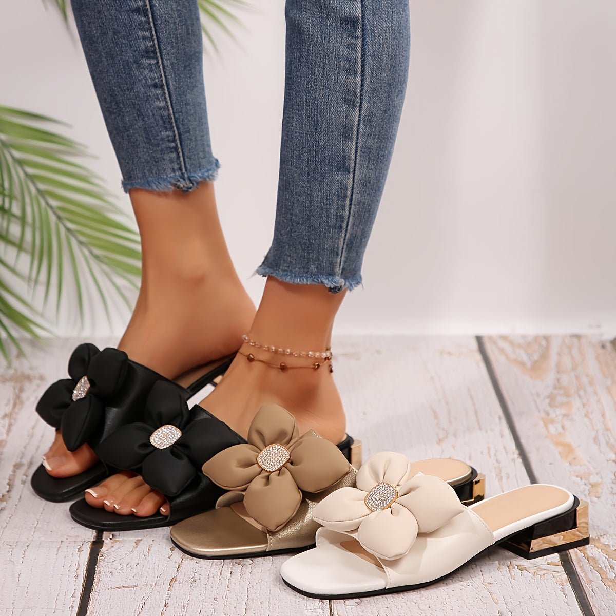 [Elegant Mid-Heel Slide Sandals] Fashionable Mid-Heel Slide Sandals - Elegant Women's Open Toe Summer Shoes with Bowknot & Floral Accent - Faux Cover, Rubber Sole, Easy Slip-On