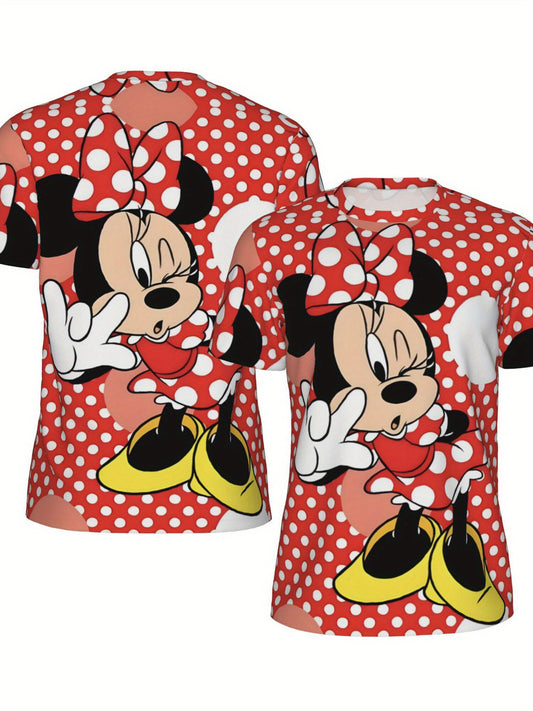 [Disney Minnie Mouse Tee] Disney Minnie Mouse Plus Size Women's Graphic T-Shirt | Lightweight Stretchy Short Sleeve Top with Polka Dot & Bow Design for Summer, Fitness, Yoga, Casual Wear, Yoga Clothing, Nontransparent Materia