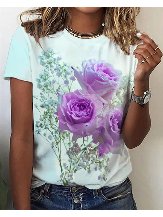 Women'S T-shirt With Purple Rose Print - Comfortable Short Sleeved Round Neck - Perfect Choice For Spring And Autumn Casual Wear