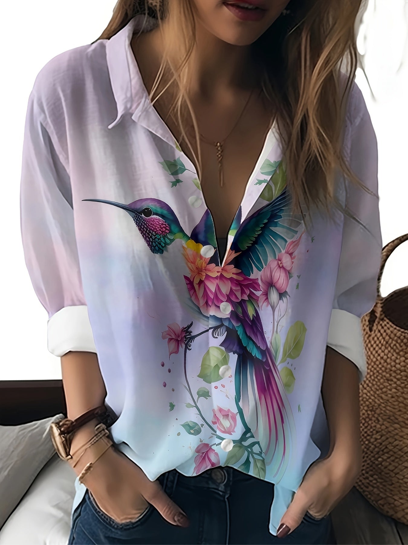 [2024 Spring Women's Shirt] 2024 Spring Summer Lightweight Polyester Women's Long Sleeve Shirt - Hummingbird Floral Print | Casual Collar, Straight Cut for Beach & Daily Casual Wear | Floral Casual Asymmetric Hem Shirt