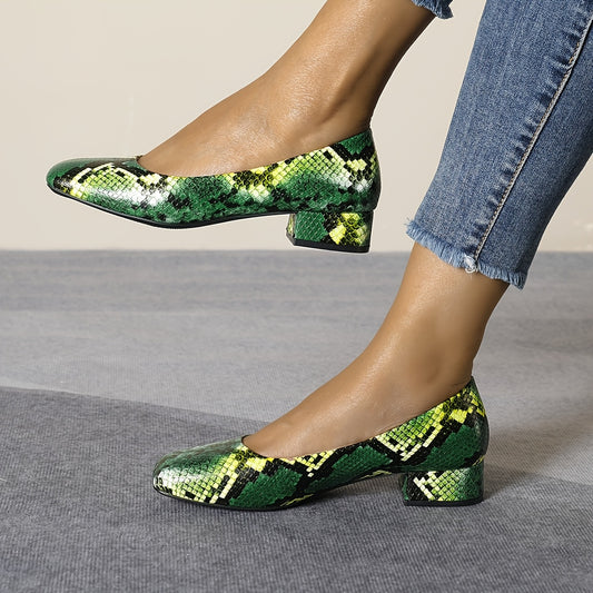Women's Snake-Print Square Toe Low Block Heel Slip-On Shoes - Vibrant Green Faux Cover Comfortable Casual & Formal Dress Shoes with Non-Slip Rubber Sole, All-Season Versatile (Extended Sizes Available), Everyday Stylish Wear,