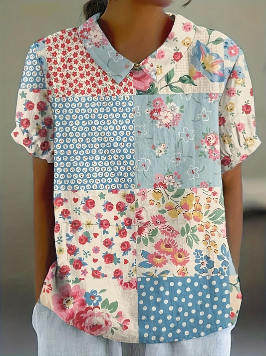 [Elegant Retro T-Shirt] Vibrant Multicolor Women's Elegant Retro Floral Print T-Shirt | Off-Shoulder/Boat Neck, All-Season Casual Top, Artistic Design