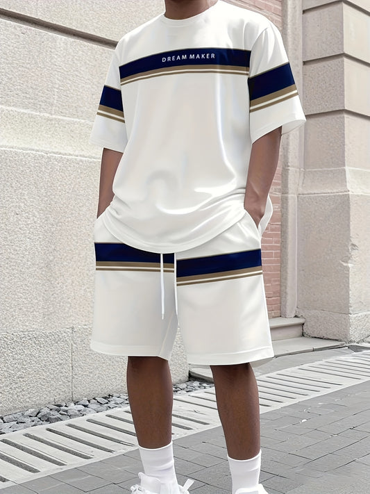 1 Set Of Men's Summer White Sports Casual Wear, Polyester Knitted Crew Neck T-shirt And Shorts Set, Breathable And Elastic, Sportswear, Striped, Suitable for Training And Leisure