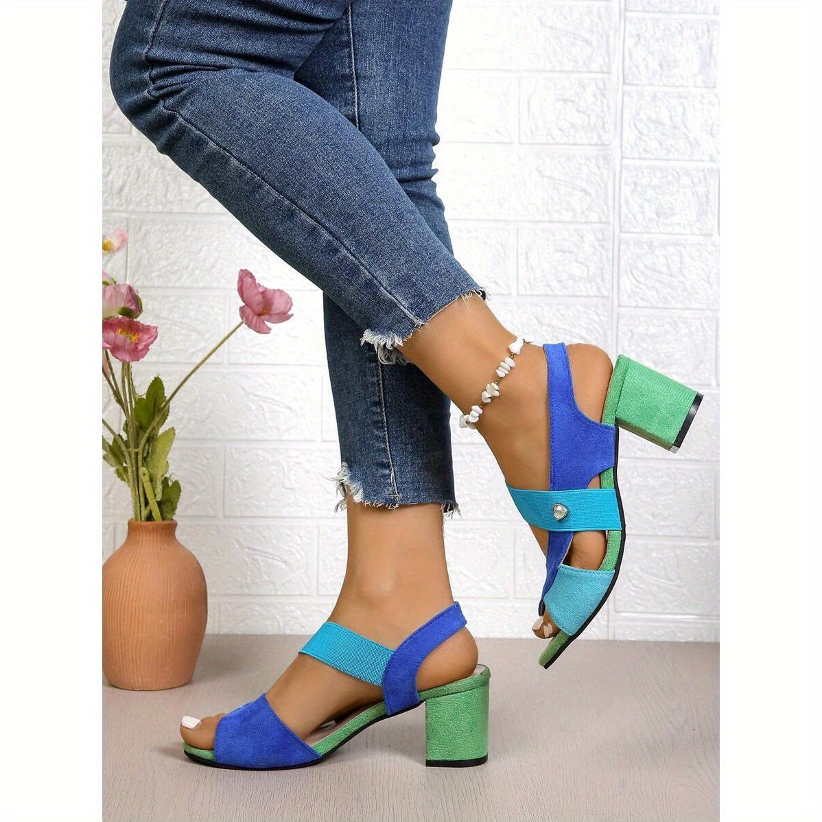 Women's Chunky Heel Sandals with Breathable Corduroy Upper and Ankle Strap Closure Open Toe Mid Heel Design for Beach Weddings Parties and Office Vibrant Blue and Green Striped Spring Summer Shoes