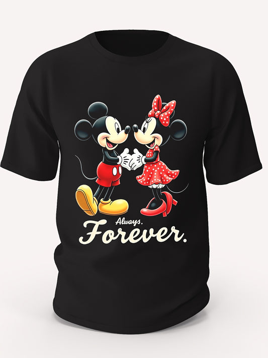 Mickey and Minnie Forever" Cotton Graphic T-Shirt for Men - Black Short Sleeve Crew Neck, 100% Cotton, Casual & Sporty Design with Playful Cartoon Characters, All-Season Wear