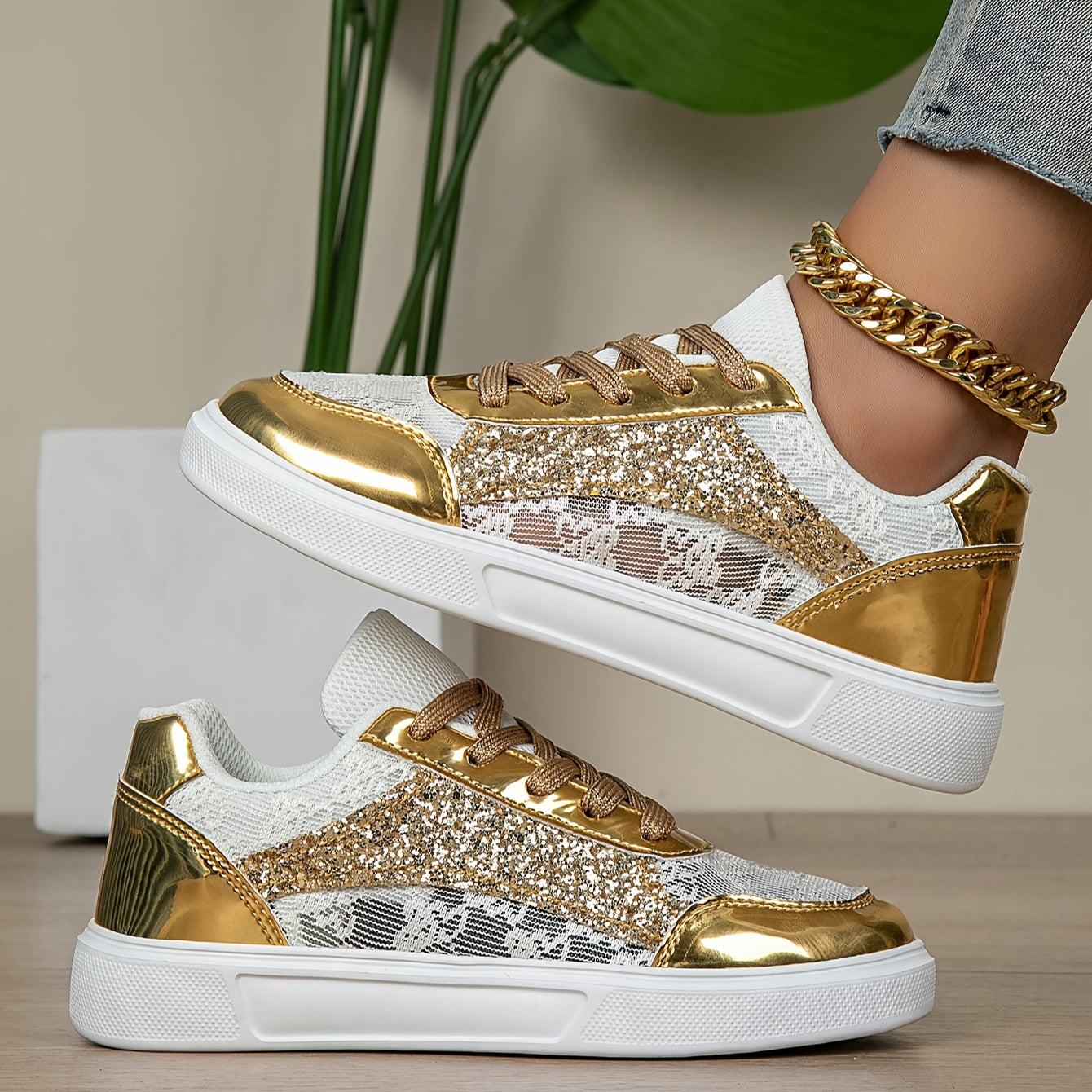 [Rhinestone Sneakers] Golden-Tone Rhinestone Women's Low-Top Sneakers | Breathable Fabric Lining, EVA Sole, Adjustable Ankle Strap | Plus Size Available, Metallic Eyelets Design, Stylish Sportswear for Summer Outdoor Training