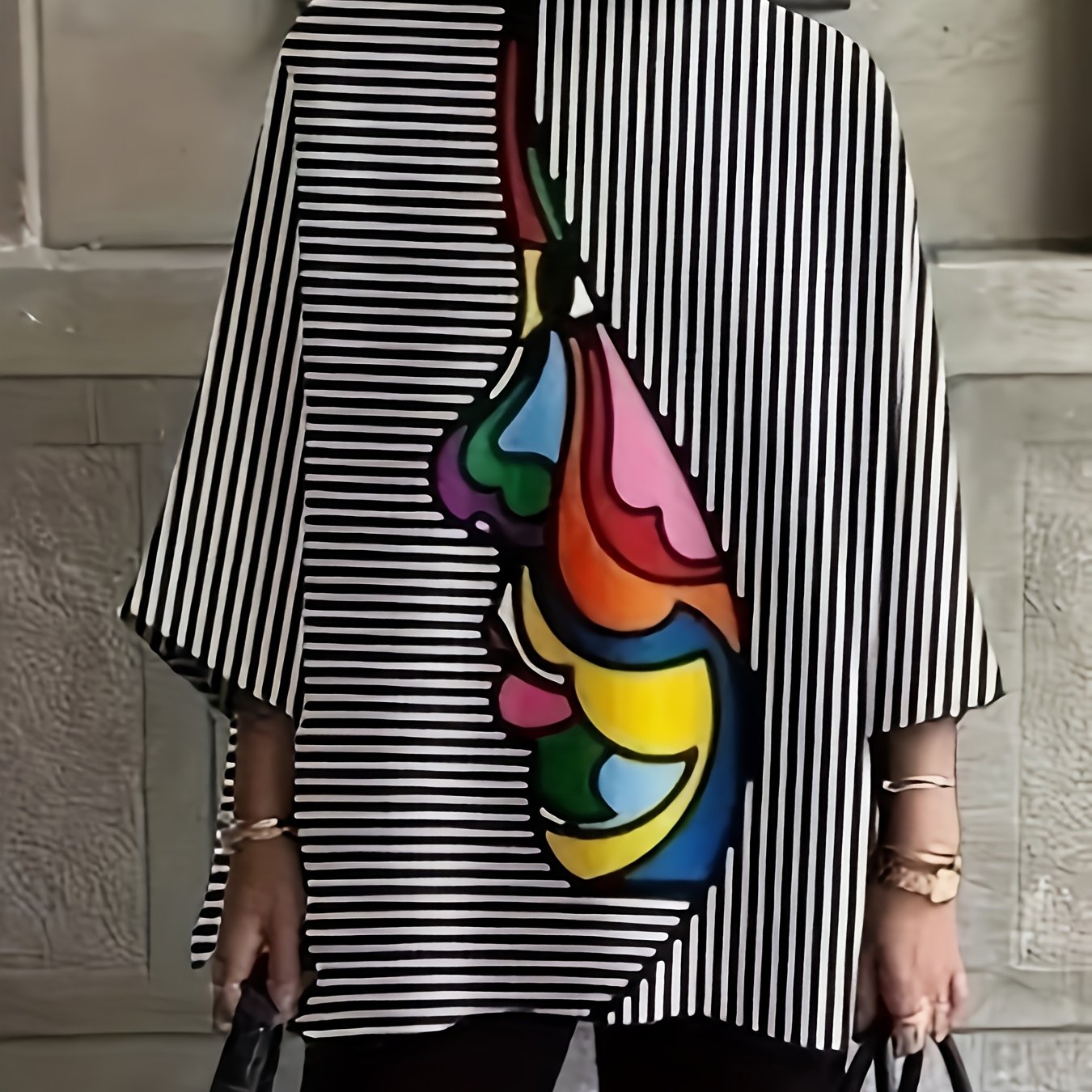 Summer Semi-High Neck Personality Print Striped Casual Commuter Versatile Long-Sleeve Women's Plus-Size T-Shirt Top