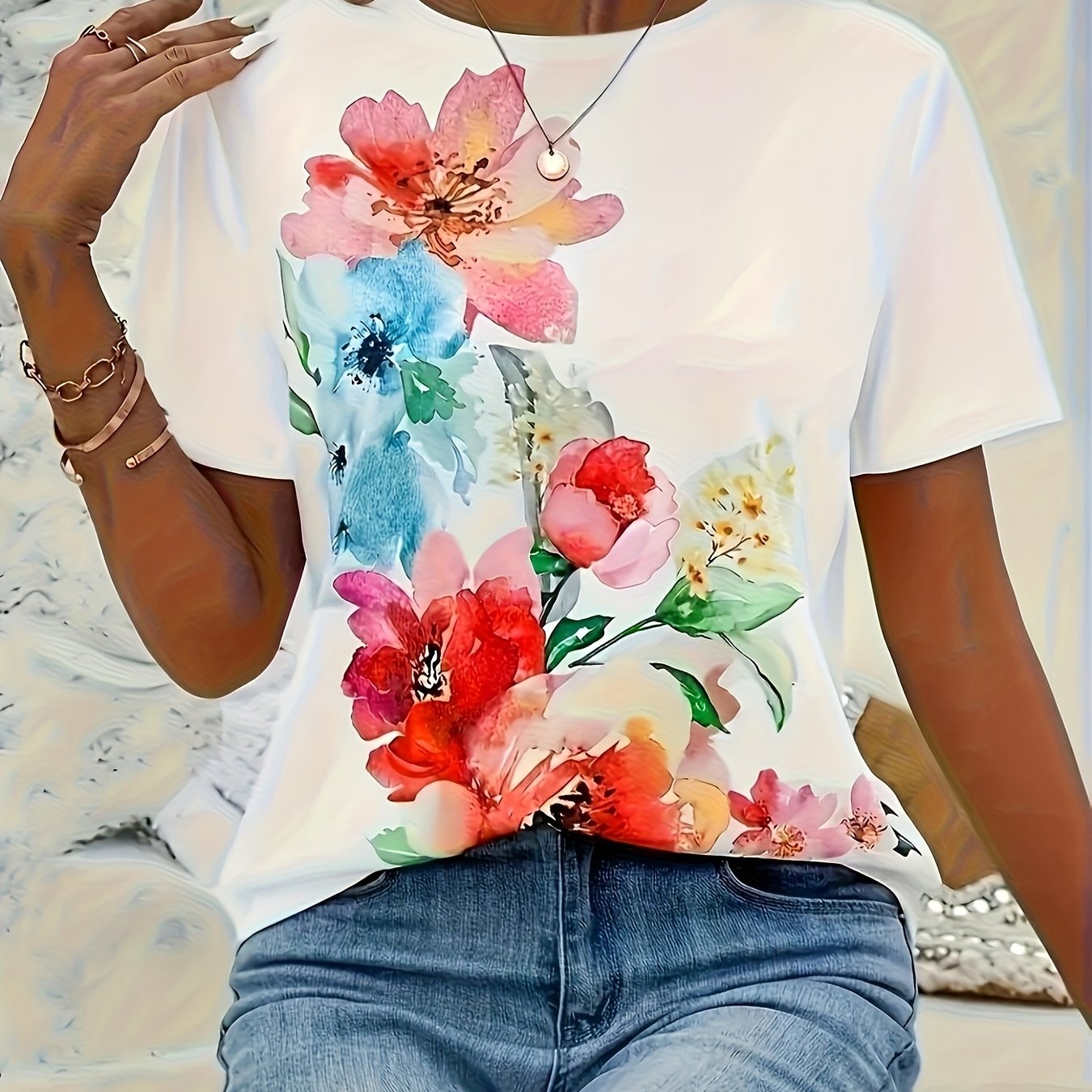 Plus-Size Women's 3D Floral Print T-Shirt - Vibrant All-Over Floral Design, Relaxed Fit Short Sleeve Crew Neck Top, Machine Washable Casual Shirt for Spring Summer Fall, Feminine Casual Attire, Ladies T Shirts, Seasonal Fashi