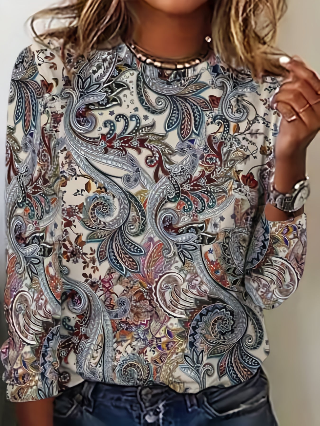 Women's Casual Floral Print Crew Neck Long Sleeve Top Breathable Polyester All-Season Comfort Vibrant Blue Red Orange Black White Purple