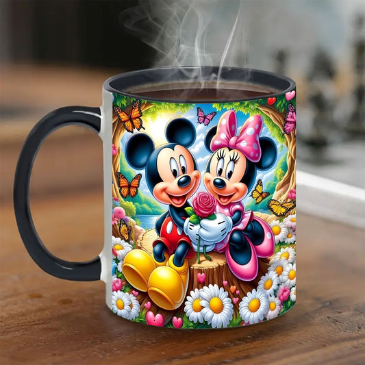 1pc Disney Mickey & Minnie Mouse 11oz Mug - Vibrant Tropical Design with Flowers, Butterflies & Hearts - Durable Coffee Tea Cup for Home, Office, Restaurants - Perfect Birthday Easter Gift for Disney Fans