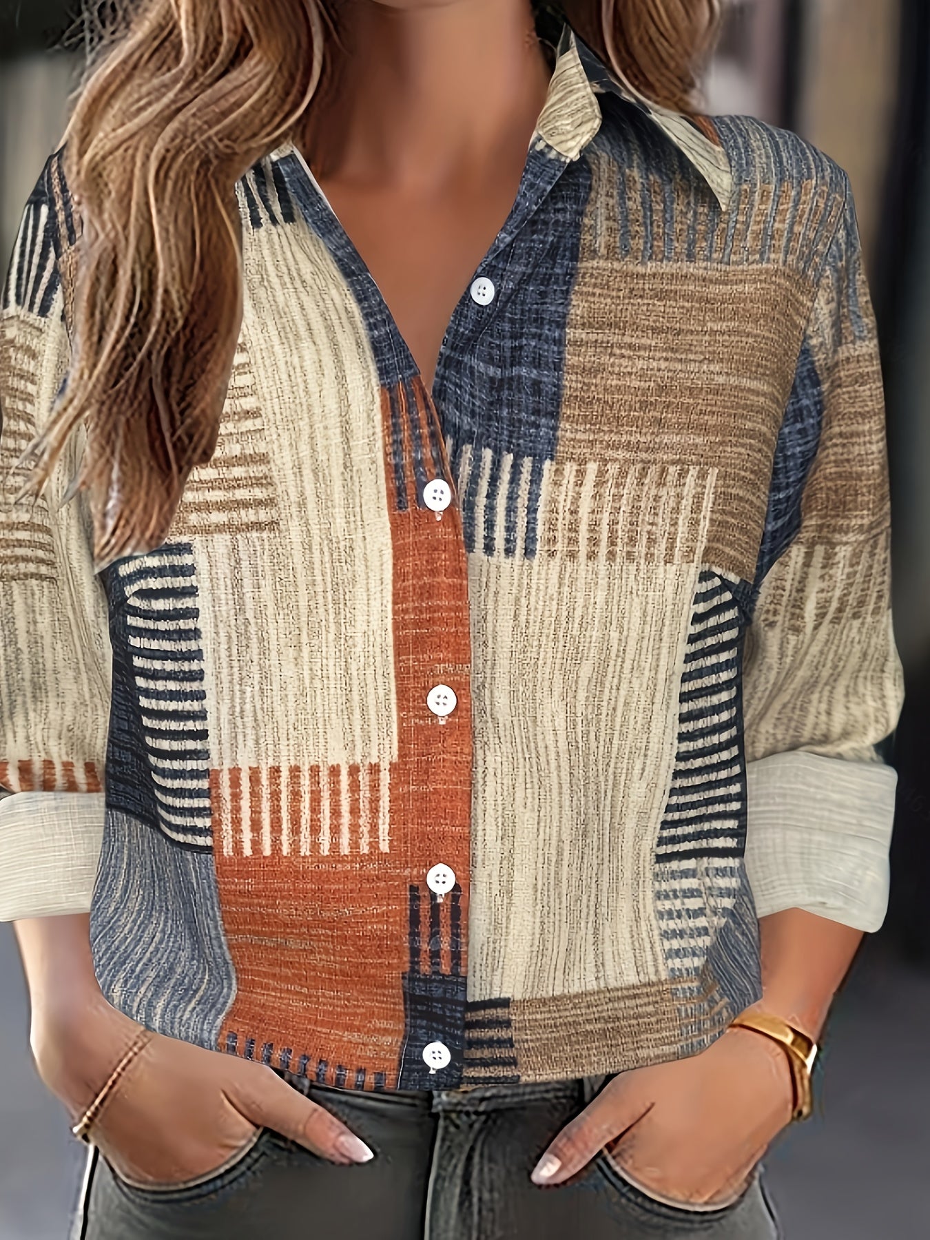 [Retro Shirt] Retro Geometric Print Long Sleeve Shirt | Women's Casual Button-Up Collared Top with Multi-Color Patchwork Design, Machine Washable Non-Stretch Fabric for Spring Summer Fall, Seasonal Fashion, Easy Care Clothing