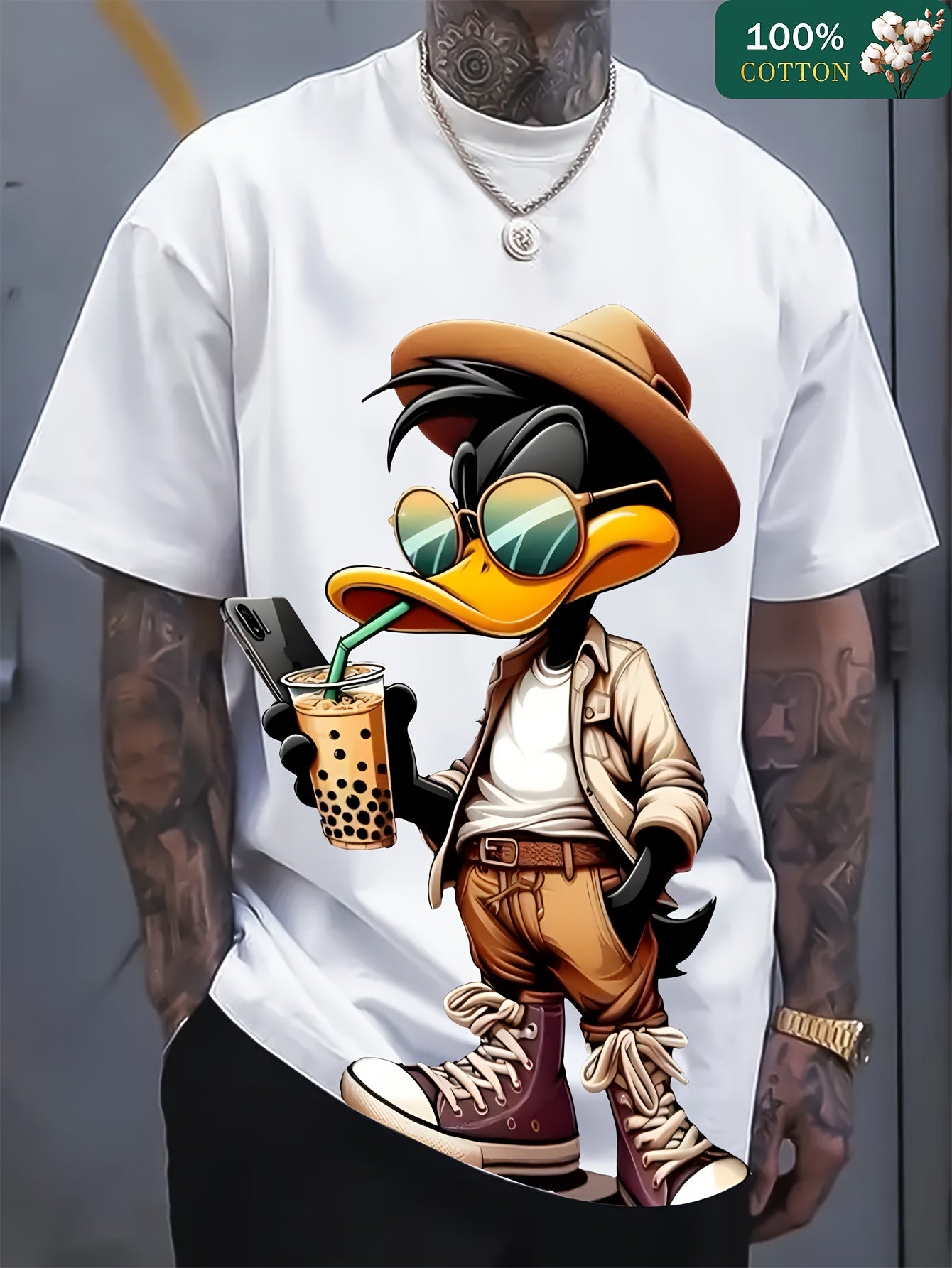 [Cotton T-Shirt] Pure Cotton 220G Men's Round Neck Short Sleeved T-Shirt | 3.9 Orientation Interesting Dako Duck Printing Casual And Comfortable for Summer