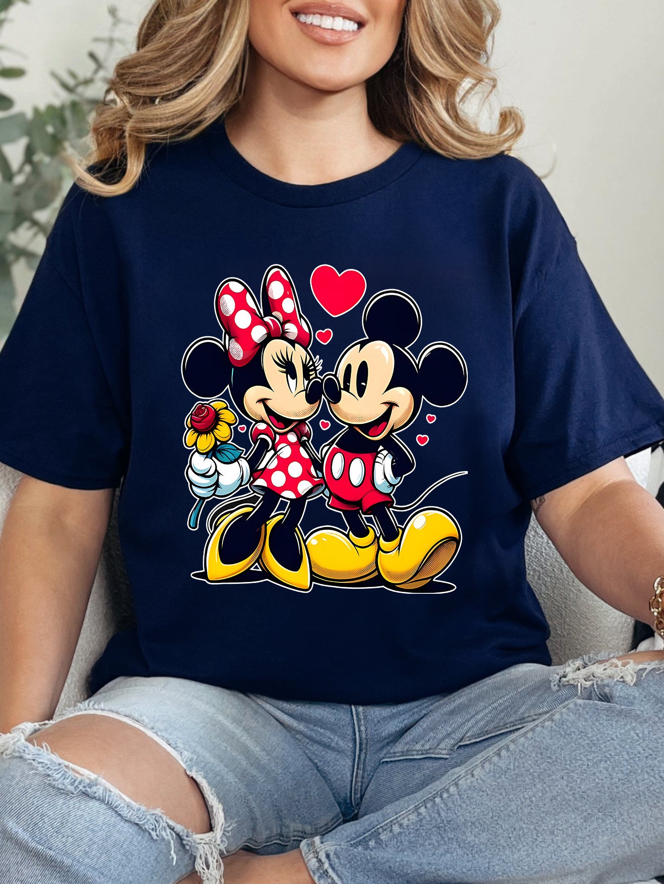 [Mickey Mouse Cotton Tee] Cotton Mickey & Minnie Mouse Graphic T-Shirt | Men's & Women's Vibrant Red Short Sleeve Round Neck Casual Summer Tee, Comfort Fit Machine Washable