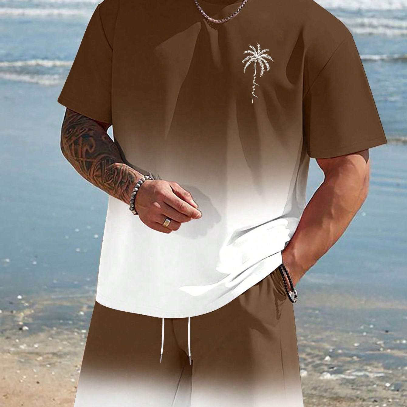 [Summer T-Shirt] Quick-Dry Breathable Men's Summer Short-Sleeve Crewneck T-Shirt | Dual-Tone Gradient Coconut Tree Print, 100% Polyester, Regular Fit Casual Tee for Teens & Adults, Home & Outdoor Activities