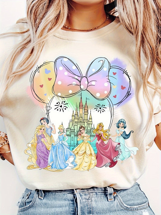 [Disney Princess T-Shirt] Disney Princess Plus Size Women's Short Sleeve T-Shirt | Pink Bow Crown Rainbow Fairy Tale Design, Machine Wash Casual Summer Top, Magic Kingdom Dream Vacation