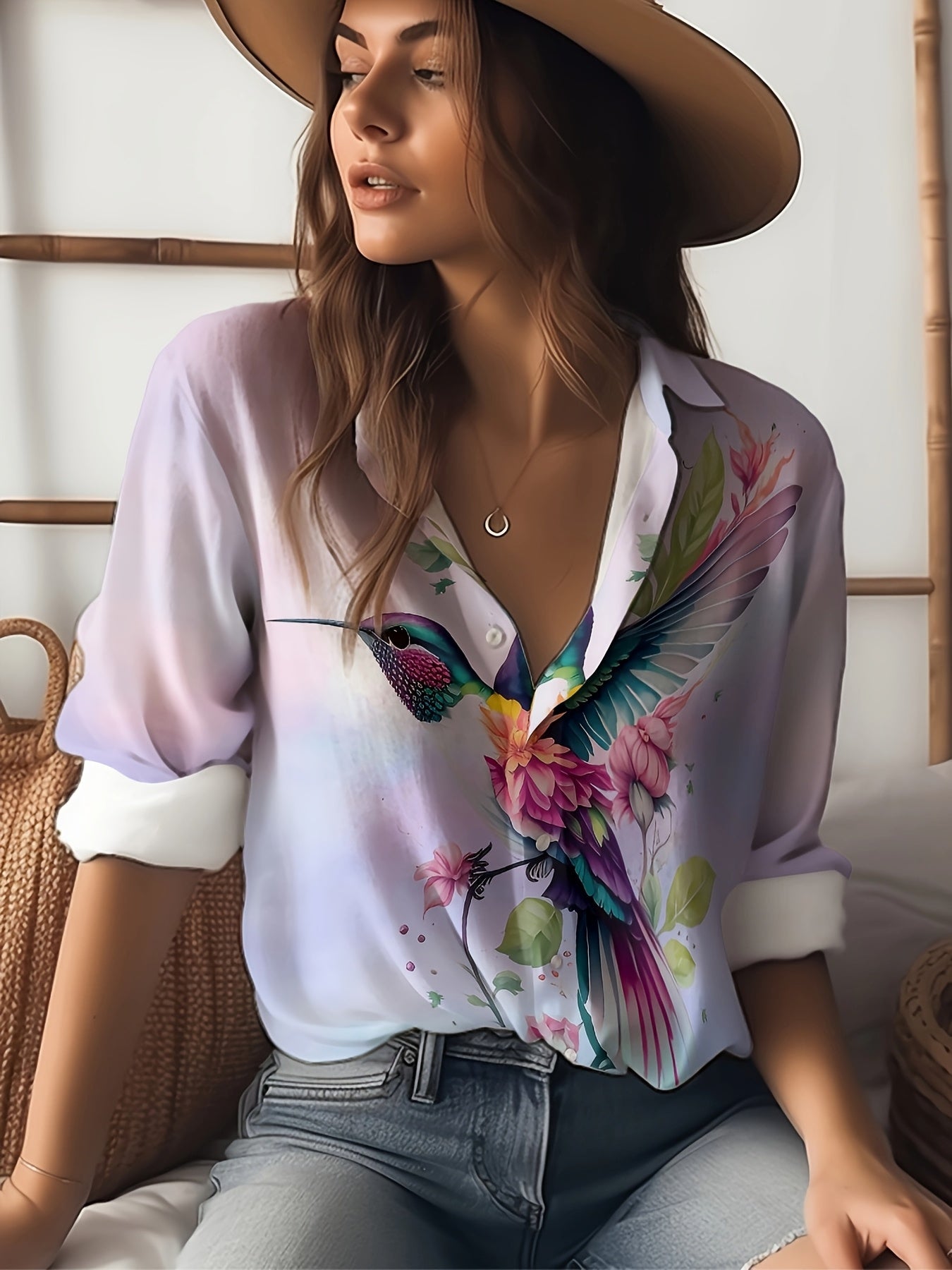 [2024 Spring Women's Shirt] 2024 Spring Summer Lightweight Polyester Women's Long Sleeve Shirt - Hummingbird Floral Print | Casual Collar, Straight Cut for Beach & Daily Casual Wear | Floral Casual Asymmetric Hem Shirt