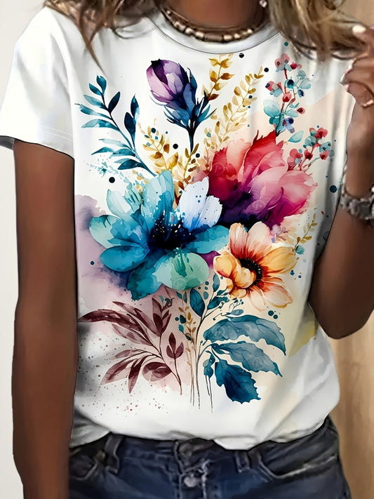 1pc Women'S Floral Print Short Sleeve T-Shirt, Casual Crew Neck Knit Top with Medium Stretch, Polyester and Spandex Blend, Regular Fit for Spring/Fall - Machine Washable