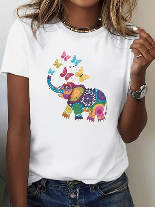 Plus Size Soft Elephant And Butterfly Graphic Women'S T-Shirt - Comfortable Casual Fit, Short Sleeves, Crew Neck, Machine Washable, Playful Print, Glossy Texture, Suitable For Casual Dressing 0XL-4XL