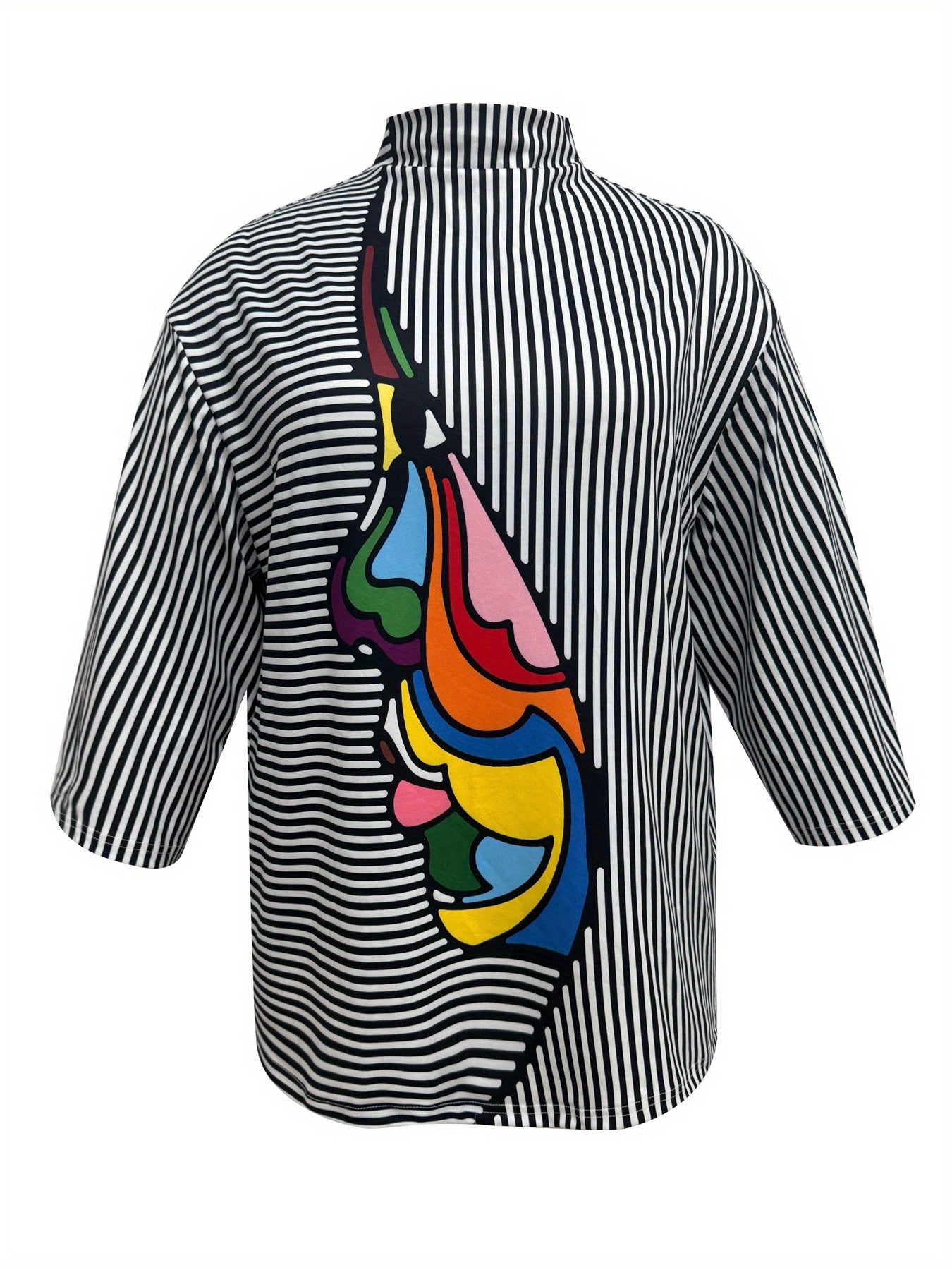 Summer Semi-High Neck Personality Print Striped Casual Commuter Versatile Long-Sleeve Women's Plus-Size T-Shirt Top