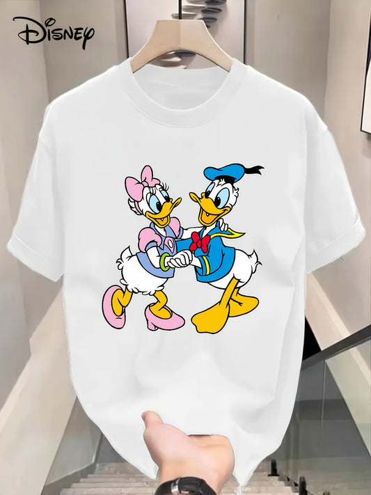 Disney Mickey Mouse Graphic T-Shirt for Men & Women - White Short Sleeve Round Neck Casual Tee with Mickey & Minnie Design, Breathable Lightweight Fabric, Regular Fit for Sports, Outdoor & Festive Wear, Sports Apparel, Cartoo
