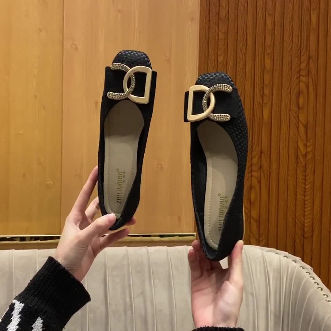 [Versatile Women's Flat Shoes] Comfortable Versatile Women's Square-Toe Mid-Heel Flat Shoes | Small Fragrance Wind Single Shoe New Outdoor Soft Sole Low-Heel Non-Tiring Four Seasons