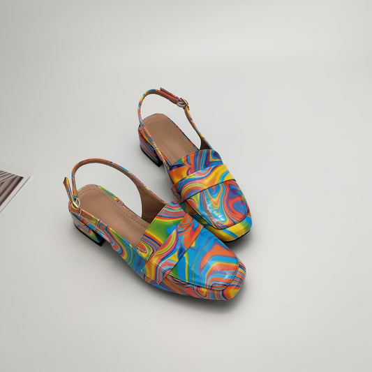 Women'S Stylish Summer Block Heel - Colorful Abstract Print, Square Toe, Mid-Height, Synthetic Upper & Insole, TPU Sole, All-Season Footwear, Fashionable Footwear | Vibrant | Durable Footwear