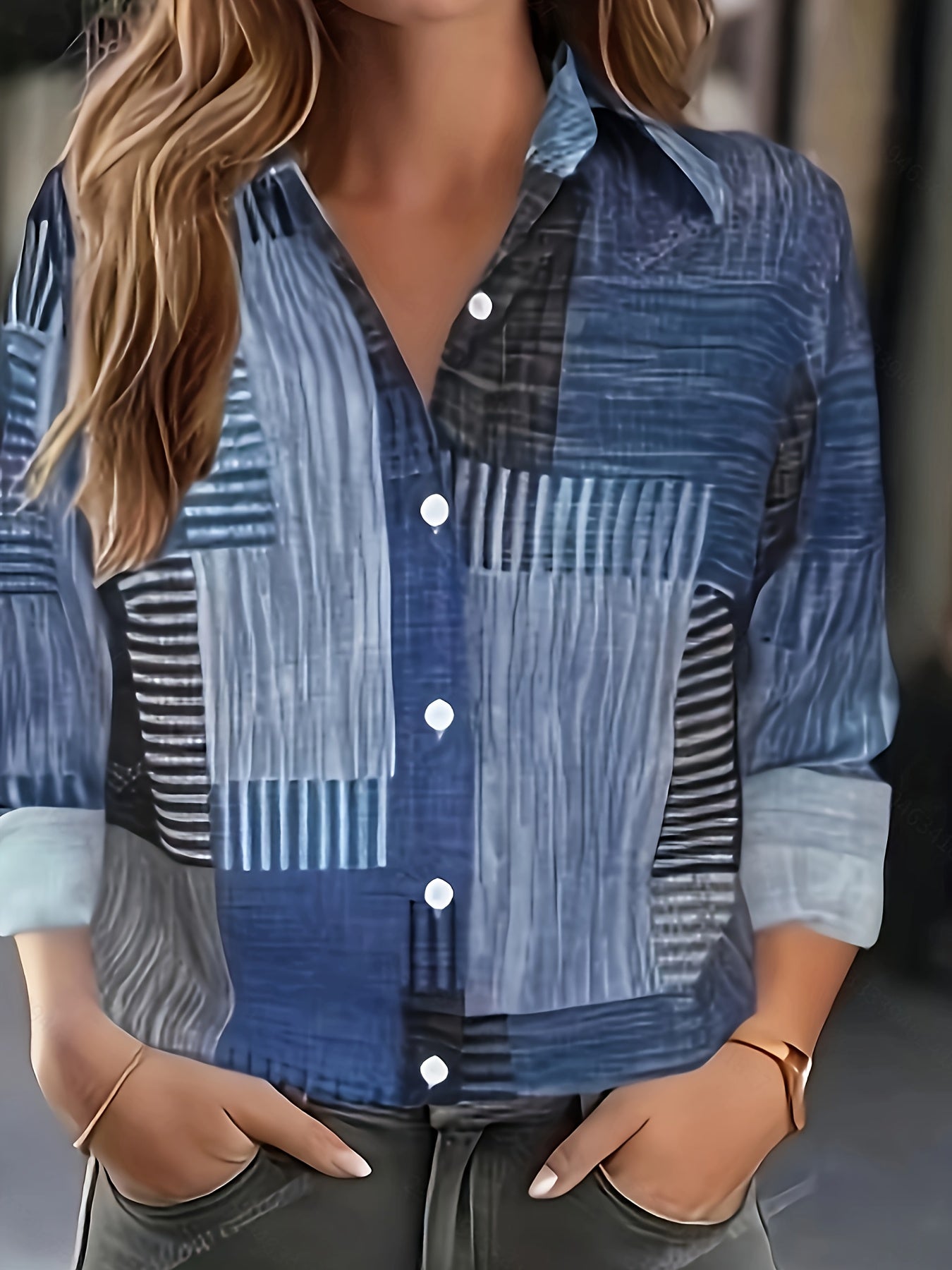[Retro Shirt] Retro Geometric Print Long Sleeve Shirt | Women's Casual Button-Up Collared Top with Multi-Color Patchwork Design, Machine Washable Non-Stretch Fabric for Spring Summer Fall, Seasonal Fashion, Easy Care Clothing