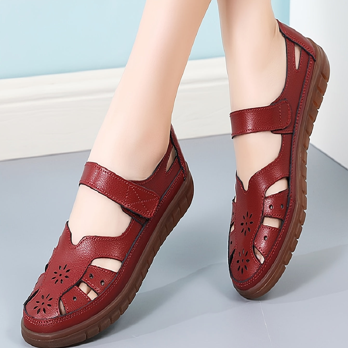 Women's Genuine Leather Mary Jane Flat Sandals - Adjustable Straps, Breathable Summer Casual Shoes with Rubber Sole, Round Toe & Solid Color Design, Everyday Comfort Footwear, Classic Bucket Style, Durable Traction Footwear