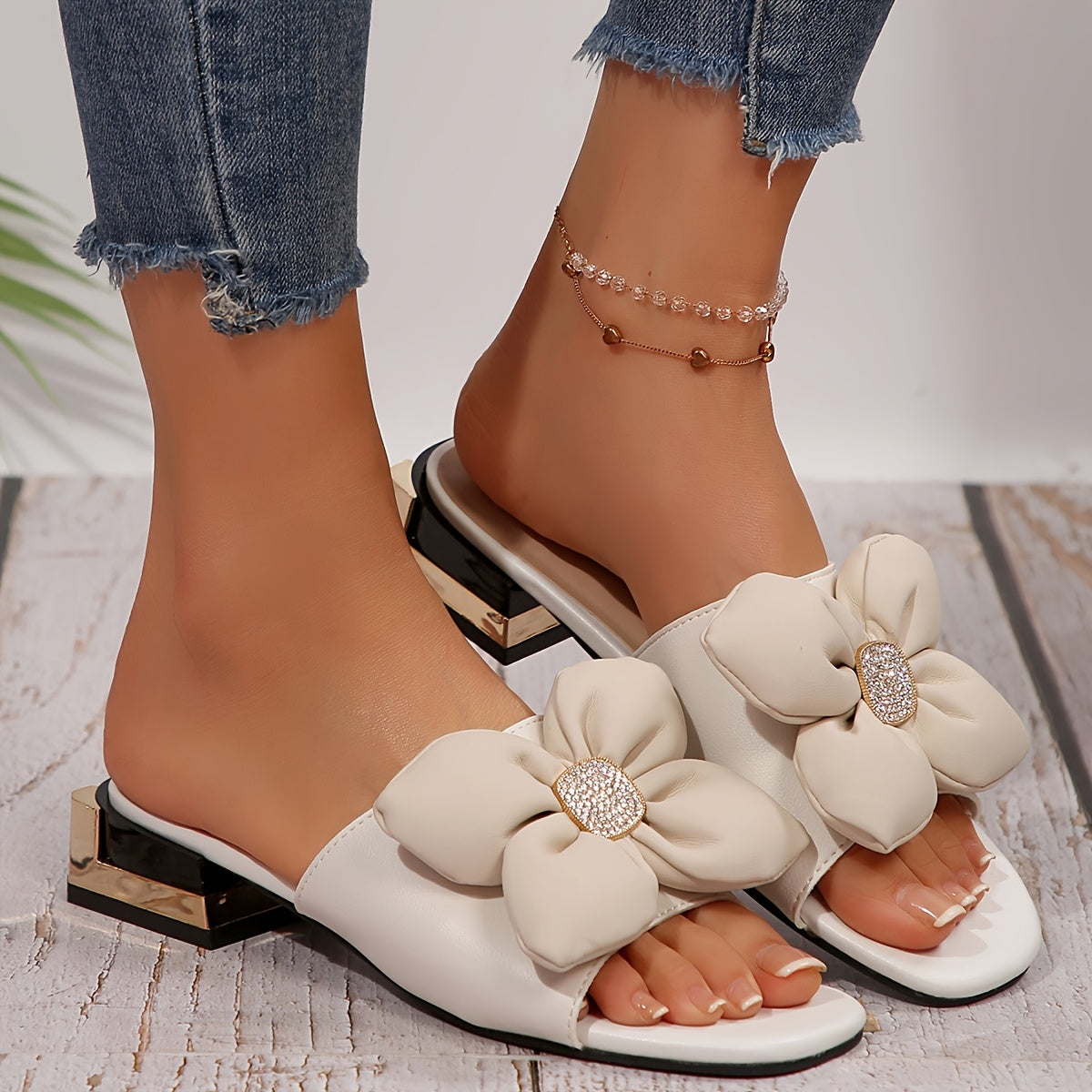 [Elegant Mid-Heel Slide Sandals] Fashionable Mid-Heel Slide Sandals - Elegant Women's Open Toe Summer Shoes with Bowknot & Floral Accent - Faux Cover, Rubber Sole, Easy Slip-On